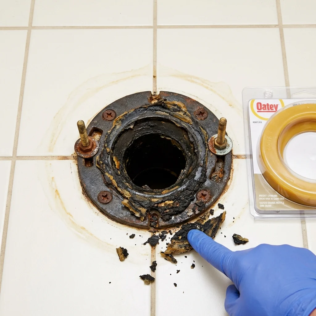 Failed wax ring showing water seepage at the base of a toilet in a Newcastle, WY home